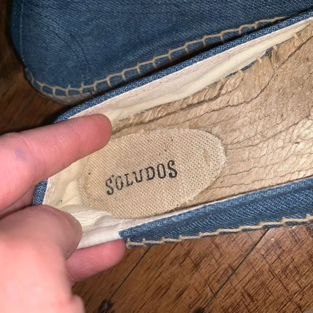 Soludos denim blue embroidered Oui Non raffia slip on shoes